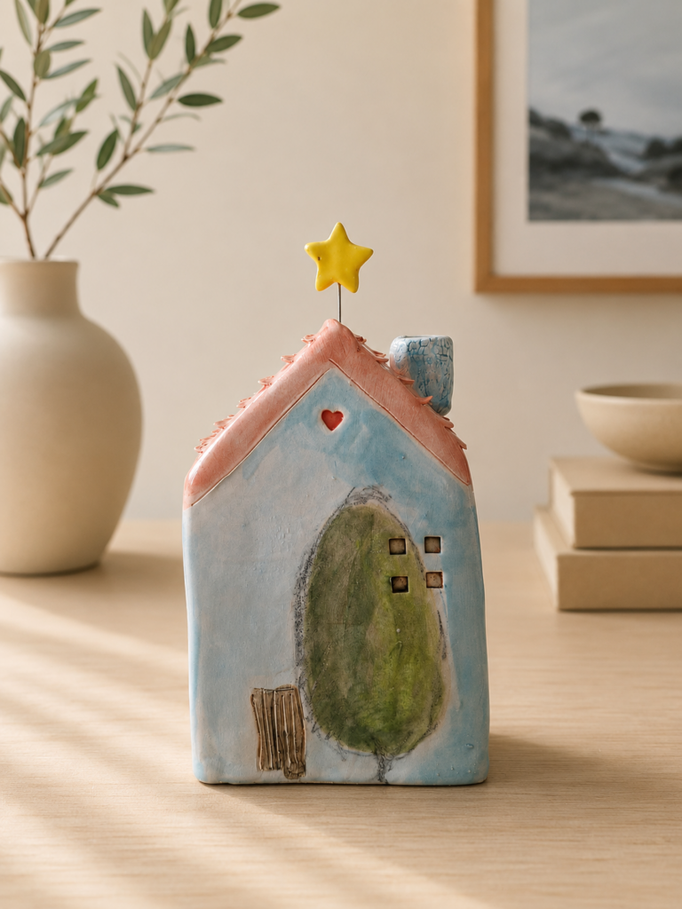 Casita large  celeste, con techo rosado y estrella